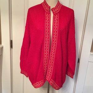 VIGDIS DESIGN SWEATER CARDIGAN RED WHITE NORWAY HANDMADE XL PLUS Fit